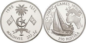 Мальдивские острова 250 руфий 1993 Олимпийские игры 1996 года, регата, яхта KM 85 серебро PROOF 1074-3-32
