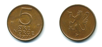 Норвегия 5 эре 1977 Улаф V (1958-1991) KM 415 бронза 4364-925