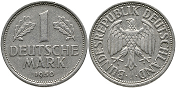 ФРГ 1 марка 1950 J, KM 110, J. 385 медно-никель 65-1215