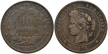 ФРАНЦИЯ 10 САНТИМОВ 1872 A, ТРЕТЬЯ РЕСПУБЛИКА (1871-1940) KM 815.1, LA FRANC 135.8 бронза 32-1014