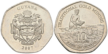 Гайана 10 долларов 2007 KM 52 сталь плакированная никелем UNC 4121-541