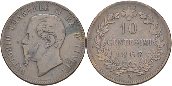 Италия 10 чентезимо 1867 N, Виктор Эммануил II (1861-1878) KM 11.4 медь 4526-846