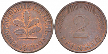 ФРГ 2 ПФЕННИГА 1971 G KM 106a, J.381a сталь плакированная сталь плакированная медьюю 4547-1155
