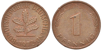 ФРГ 1 пфенниг 1972 G KM 105, J.380 сталь плакированная медью 4174-444