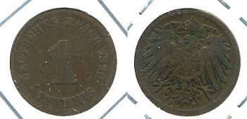 ГЕРМАНИЯ 1 ПФЕННИГ 1890 F KM 10, J. 10 медь 701-115
