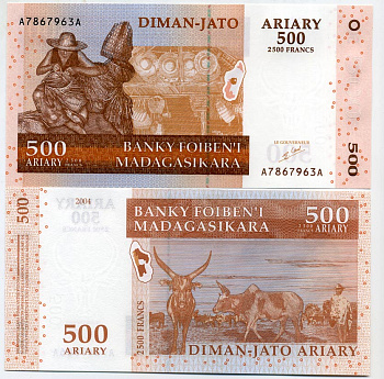 Мадагаскар 500 ариари (2500 франков) 2004, корзинщик, зебу подпись 5 Pick 88 а бумага UNC (пресс) 448-87-3