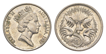 Австралия 5 центов 1987 Елизавета II (1952-2022), ехидна KM 80 медно-никель UNC 4152-1053