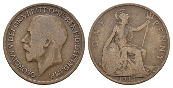 Великобритания 1 пенни 1913 Георг V (1910-1936) KM 810, Spink 4051 бронза 4692-646