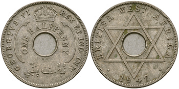 Британская Западная Африка 1/2 пенни 1947 KN, Георг VI KM 18 медно-никель 25-1216