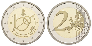 Италия 2 евро 2023 100 лет Военно-воздушным силам, в оригинальной упаковке, с сертификатом, тираж 17.000 экземпляров KM 495 биметалл PROOF 8-2-01-51