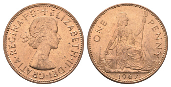 Великобритания 1 пенни 1967 Елизавета II (1952-2022) KM 897, Spink 4157 бронза UNC 4661-944