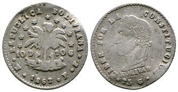 Боливия 1/2 соля 1862 FP KM 133.2 серебро 4178-226