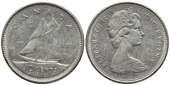 КАНАДА 10 ЦЕНТОВ 1971 ПАРУСНИК KM 77.1 никель 4396-432