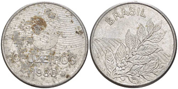 БРАЗИЛИЯ 5 КРУЗЕЙРО 1980 РЕФОРМА 1967-1985, КОФЕ KM 591 нержавеющая сталь 4385-532