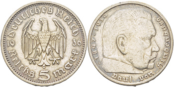 Германия 5 рейхсмарок 1936 А, Пауль фон Гинденбург (1847-1934) KM 86, J. 360 серебро 1518-724