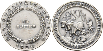 Германия, Франкфурт на Майне медаль 1956 СЕЛЬСКОХОЗЯЙСТВЕННОГО ОБЩЕСТВА Франкфурта, ПРИЗ КОНТРОЛЯ КАЧЕСТВА ЗА СЛИВОЧНОЕ МАСЛО, диаметр 39,5 мм., DLG белый металл 00-00