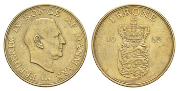 Дания 1 крона 1952 N, Кристиан X (1912-1947) KM 837 алюминиевая бронза 4654-744