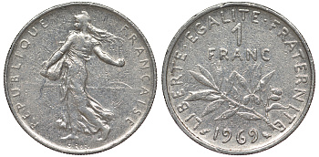 Франция 1 франк 1969 сеятель KM 925.1 никель 25-2352