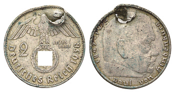 Германия 2 рейхсмарки 1938 B, Гинденбург KM 93, J. 366 серебро 4606-244