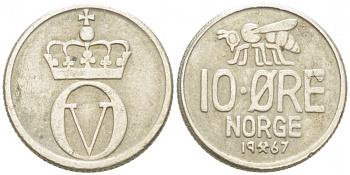 Норвегия 10 эре 1967 пчела, Улаф V (1958-1991) KM 411 медно-никель 3955-217