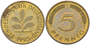 ФРГ 5 ПФЕННИГОВ 1995 J КМ 107, J. 382 сталь плакированная латунью 4567-546