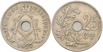 БЕЛЬГИЯ 25 САНТИМОВ 1927 BELGIQUE KM 68.1 медно-никель 68-321