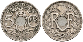 Франция 5 сантимов 1930 KM 875 медно-никель 4596-611