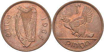 Ирландия 1 пенни 1964 курица с цыплятами KM 11 бронза aUNC 4583-426