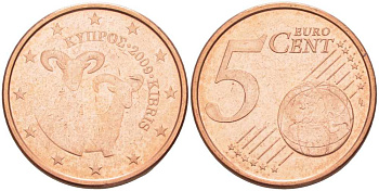 Кипр 5 евроцентов 2009 два муфлона KM 80 сталь плакированная медью UNC 99-147