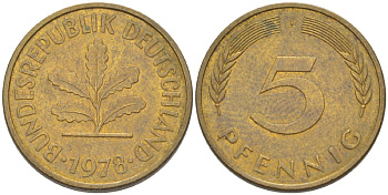 ФРГ 5 ПФЕННИГОВ 1978 J KM 107, J. 382 сталь плакированная латунью 4181-958