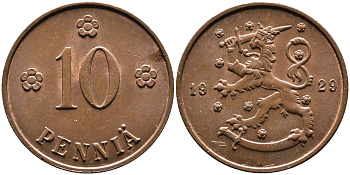 Финляндия 10 пенни 1929 республика (1918-1962) KM 24 медь 4388-853