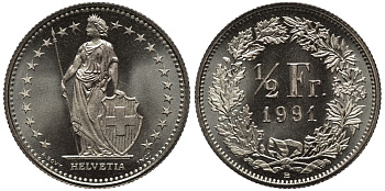Швейцария 1/2 франка 1991 из банковского ролика KM 23a.3 медно-никель UNC M04-11