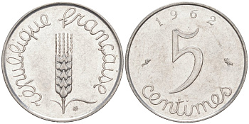 Франция 5 сантимов 1962 Пятая Республика KM 927, Le Franc 124.4 хромированная сталь 187-429