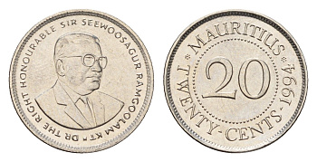 Маврикий 20 центов 1994 KM 53 сталь плакированная никелем UNC 4588-319