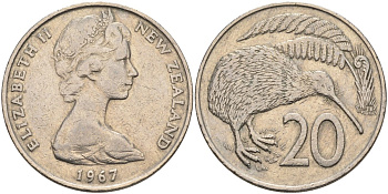 Новая Зеландия 20 центов 1967 Елизавета II (1952-2022), птичка киви KM 36.1 медно-никель 4131-1123