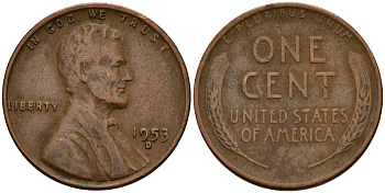США 1 цент 1953 D, Авраам Линкольн KM A132 латунь 4189-538