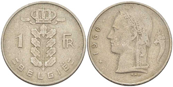 Бельгия 1 франк 1960 Belgie, Бодуэн I (1951-1993) KM 143.1 медно-никель 95-1242