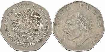 МЕКСИКА 10 ПЕСО 1977 МАНУЭЛЬ ХИДАЛЬГО КАСТИЛЬЯ KM 477.1 медно-никель 109-541