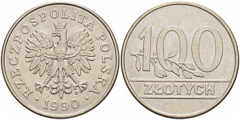 Польша 100 злотых 1990 MW, Демократическая Республика KM 214, Parchimowicz 602 медно-никель UNC 4517-841