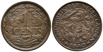 НИДЕРЛАНДЫ 1 ЦЕНТ 1940 ВИЛЬГЕЛЬМИНА KM 152 бронза 39-1255