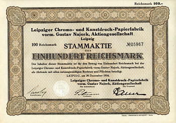 Германия 100 рейхсмарок 1934 АО Лейпцигская фабрика по производству бумаги для хромо- и художественной печати, акция   бумага   8801-51-1