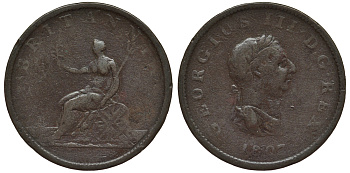 Великобритания 1/2 пенни 1807 Георг III (1760-1820) KM 662, Spink 3781 медь 189-115