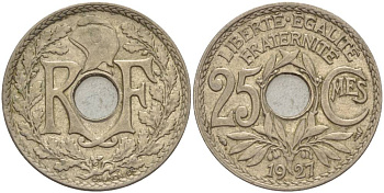 ФРАНЦИЯ 25 САНТИМОВ 1927 ТИП ЛИНДАЙЁ KM 866а, LE FRANC 138.13 медно-никель 4544-346