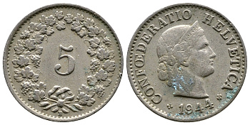 Швейцария 5 раппенов 1944 KM 26 медно-никель 3334-421
