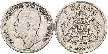 Швеция 1 крона 1903 Оскар II (1872-1907) король Швеции и Норвегии KM 760 серебро 190-845