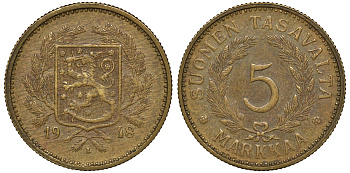 Финляндия 5 марок 1948 L KM 31a латунь 4163-414