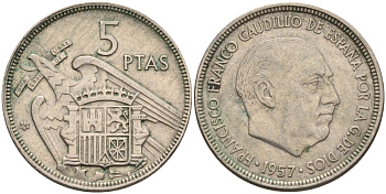 Испания 5 песет 1957 (62) Франсиско Франко (1939-1975) KM 786 медно-никель 4584-451