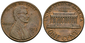 США 1 цент 1983 D, Линкольн KM 201b цинк плакированный медью 4136-229