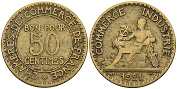 Франция 50 сантимов 1921 KM 884 алюминиевая бронза 4596-521