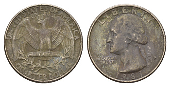 США 25 центов (квотер) 1987 P, Джордж Вашингтон KM А164а медь плакированная медно-никелем 4681-254